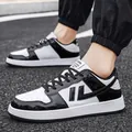 Fashionable men's black and white low-top sneakers in breathable synthetic leather material - White Black (Classic Style)