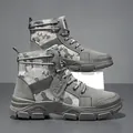 Grey camouflage high-top Martin boots for men featuring a rugged tactical style. - 39 / Gray