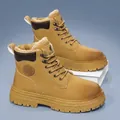 Men's winter fleece-lined leather high-top work boots with thick anti-slip soles - 36 / Yellow