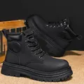 Rugged matte black high-top genuine leather work boots with thick lug soles for men - 38 / Non-Plush Lined Style / Black