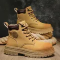 Vintage leather high-top work boots for men with thick soles and warm lining - 38 / Unlined / Yellow