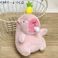 Adorable pink capybara plush toy featuring a pineapple hat on a rustic wooden background - Bubble Blowing Pineapple Style / Pink