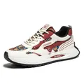 Stylish men's thick-sole athletic sneakers with ethnic patterns and burgundy leather accents - 39 / Beige Red Ethnic Color Block Style (15393)