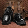 Durable men's black leather work shoes with thick rugged soles and braided laces - 39 / Black