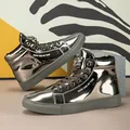 Men's high-top sneakers with metallic silver finish and textured lion head detail - 39 / Silver