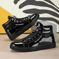 Men's shiny black patent leather high-top sneakers with metallic lion head detail - 39 / Black