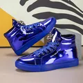 Men's vibrant blue shiny patent leather high-top sneakers with white side text detail - 39 / Blue