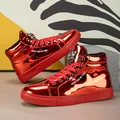 Stylish red metallic patent leather high-top sneakers with lion head detail for men - 39 / Red
