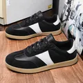 Men's stylish black leather German Army Trainer sneakers featuring white side stripes and gum soles - White Black (2508)