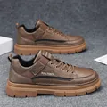 Men's brown leather work shoes with non-slip chunky sole waterproof Martin style - 39 / Khaki