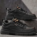 Durable men's waterproof non-slip black leather work shoes with thick rubber soles - 40 / Black