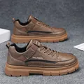 Premium brown leather low-top work shoes for men featuring durable anti-slip thick soles - 39 / Khaki