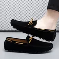 Classic black suede men's driving loafers featuring a stylish yellow leather bow accent - 35 / Black