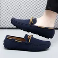 Men's navy blue suede loafers with yellow laces, comfortable driving shoes variant - Dark Blue