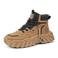 Men's retro mid-top outdoor work boots in tan and black microfiber leather finish - 39 / Khaki