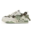 Retro work-style sneakers with camo patchwork design in olive green and off-white tones - 39 / Flats / Beige and Green