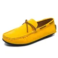 Stylish men's lightweight yellow suede driving loafers featuring slip-on design and bow detail - 36 / Yellow