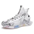 Trendy white mid-top sock sneakers with blue-white pattern and hollow blade sole - 39 / White