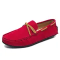 Stylish men's red suede driving loafers featuring a decorative tan bow and slip-on design - 36 / Red