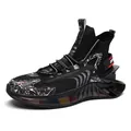 Men's breathable mid-top sock running shoes with hollow blade sole and marble pattern - 39 / Black