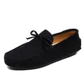 Elegant black suede loafers for men featuring a stylish bow tie and driving sole design - 36 / Black