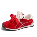 Red suede sneakers for women with oversized bow laces and decorative stitching - 35 / Red