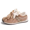 Khaki suede casual sneakers for women with elegant dual bow and zigzag stitching - 35 / Khaki