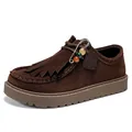 Casual brown suede loafers for men featuring fringe and safety pin bead accessory - 39 / Brown