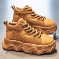 Premium tan thick-soled chunky bread shoes for men featuring a warm plush lining for winter - Khaki Fleece