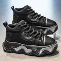 Black fleece-lined high-top platform sneakers with thick wavy sole bread shoe style - Black Fleece Lined
