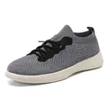 Stylish men's breathable grey fly-knit running sneakers with black laces and beige sole - 35 / Gray