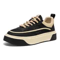 Zapatillas bajas para hombre de cuero negro con suela beige gruesa y cordones de cuerda - 39 / Estilo Acolchado de Bloque de Color (A56) / Negro