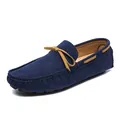 Navy blue men's suede loafers with decorative tan leather bow and comfortable rubber soles - 38 / Blue