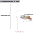 Interactive wooden cat teaser wand featuring a grey plush bear and natural feathers - Grey Bear Wood Rod Teaser