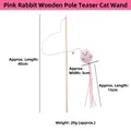 Interactive pink rabbit plush cat teaser wand with a 40cm long natural wooden pole and bell - Pink Rabbit Wood Rod Teaser