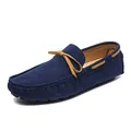 Classic navy blue suede loafers for men with tan bow tie and slip-on casual design - 38 / Blue
