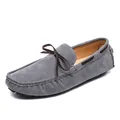 Elegant grey suede men's slip-on loafers with decorative brown leather bow detail - 38 / Gray