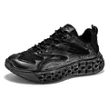 Stylish distressed black mesh sneakers for men with honeycomb hollow out thick sole - 39 / Black Silver