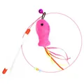 Close-up detail of interactive cat teaser wand with pink plush fish, bell and ribbons. - Fish Style