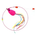 Close-up detail of interactive cat teaser wand with pink plush mouse and ribbons - Mouse Style