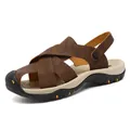 Heren sandalen van bruin leer voor buiten met kruisbanden en een stevige profielzool - 38 / Khaki
