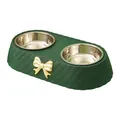 Elegant dark green double pet bowl with stainless steel inserts and a gold bow knot - Gentian Green