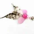 Dettaglio di un accessorio per gatti con piume rosa e marroni e un campanellino d'argento - Stile Insetto Rosa