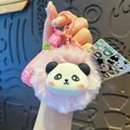 Cute pink plush panda keychain with soft pom pom and wrist strap bag charm - Pink