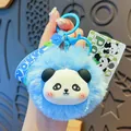 Blue plush pom-pom panda keychain with matching wrist strap for bags - Blue