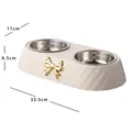 Premium double stainless steel pet feeding bowl with gold bowknot and dimensions - Bowknot Style (2315) / Double Bowl (34x17.5x6.5cm) / White
