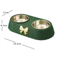 Luxury dark green double pet bowl with stainless steel inserts and gold bowknot - Bowknot Style (2315) / Double Bowl (34x17.5x6.5cm) / Green