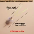 Insect-shaped cat teaser wand replacement head with gold ribbons and feather bell - Sequin Tassel Flying Insect Replacement Head