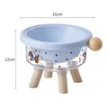 Elevated blue pet bowl featuring cute cartoon dog pattern and four wooden legs, 16x12cm - Single Bowl / Blue