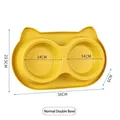Yellow cat-shaped double pet bowl showing detailed dimensions and the standard style - Anti-Ant Standard Double Bowl Style / Plastic Double Bowls / Yellow